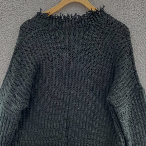 HYFVE Sweater Womens Medium Black Chunky Knit Frayed Hem V Neck Pullover Boho - Picture 4 of 10